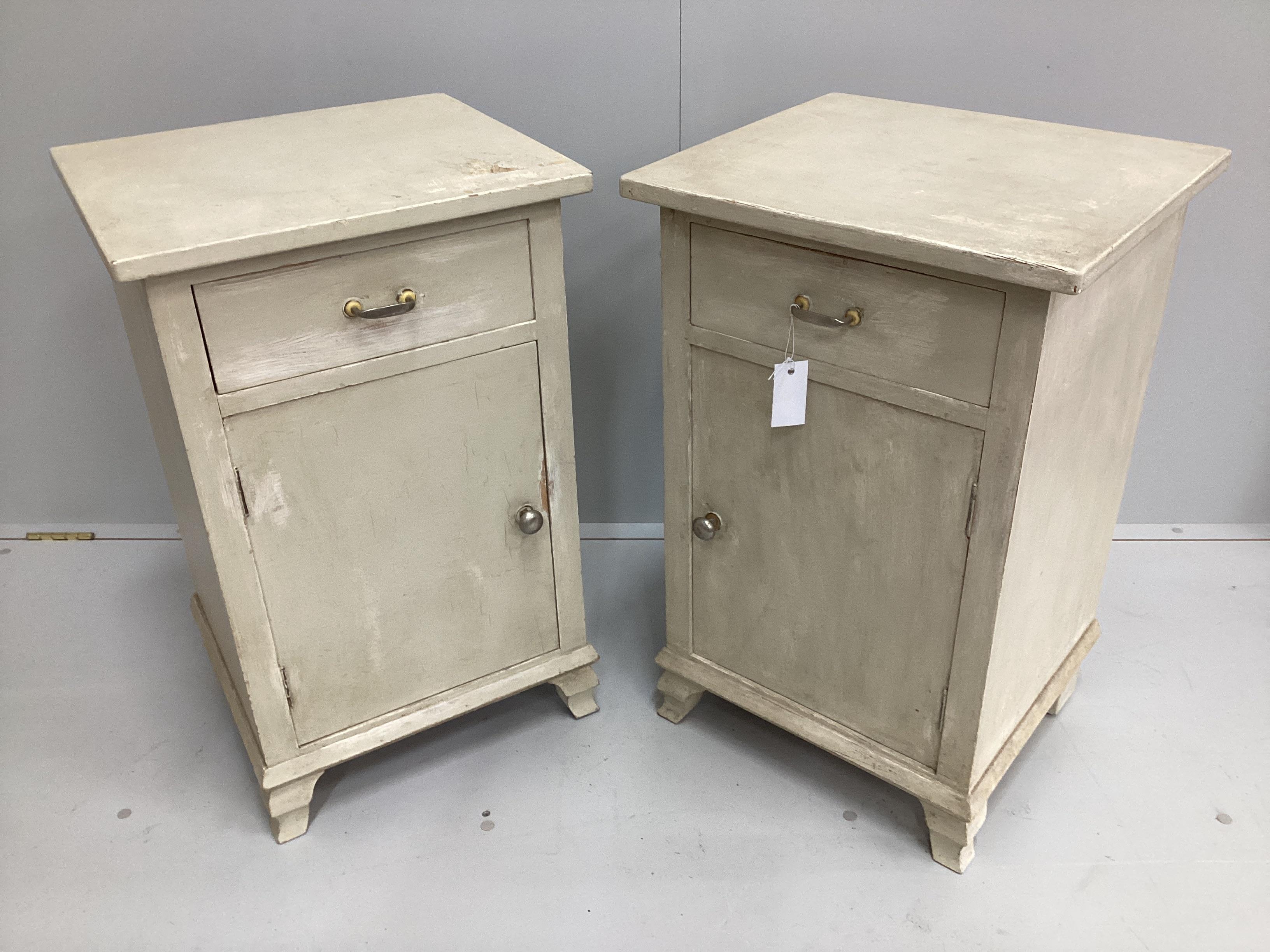 A pair of painted pine bedside cabinets, width 46cm, depth 40cm, height 72cm